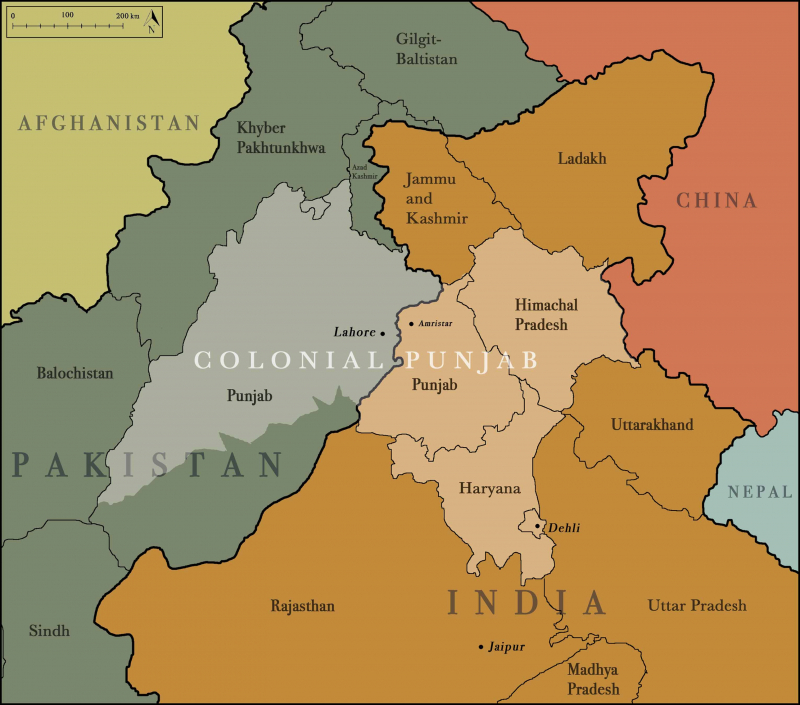 La province coloniale du Penjab, à cheval sur l’Inde et le Pakistan contemporains.