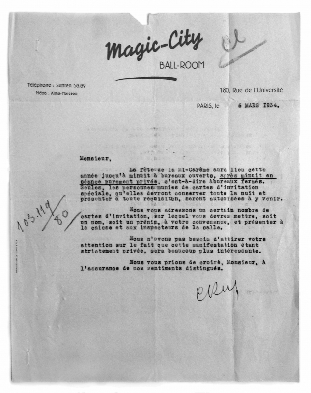 Lettre d’invitation à un bal privé organisé par la direction du Magic-City.