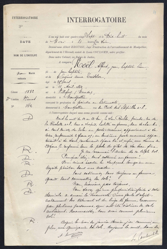 Interrogatoire d’Alfred Noël, première page, 18 mai 1887.