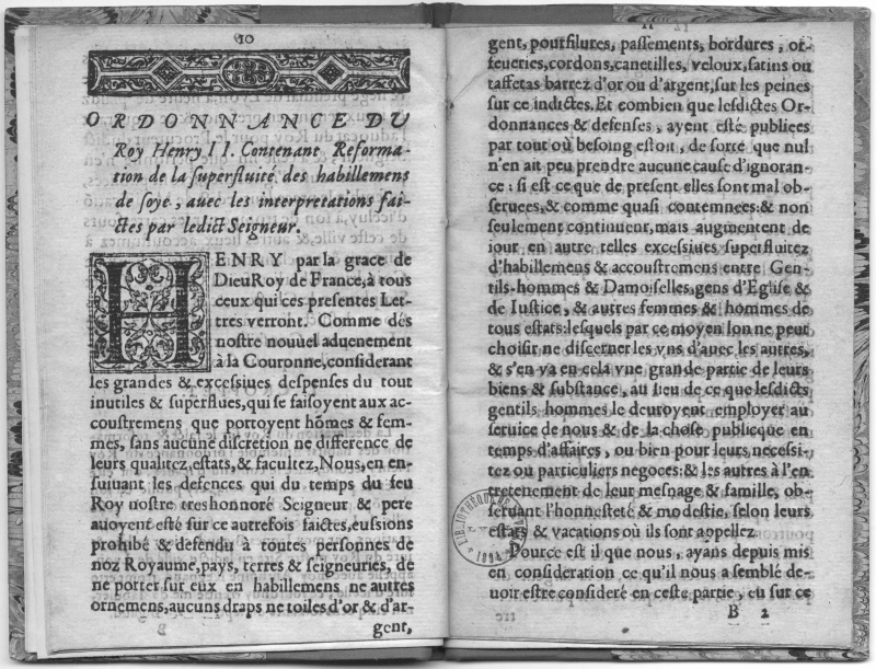 « Ordonnance du Roy Henry II. Contenant Reformation de la superfluité des habillemens de soye avec les interpretations faites par ledit Seigneur. »