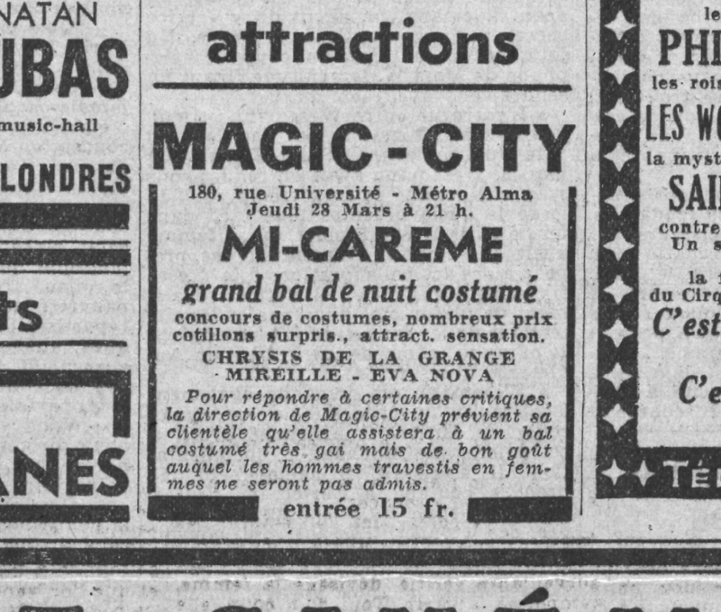 Annonce publiée dans Paris-Soir du 25 mars 1935 (ci-dessus), puis à nouveau dans ce même journal du soir ainsi que dans Le Petit Journal, rubrique « Bals », le 28 mars 1935. 