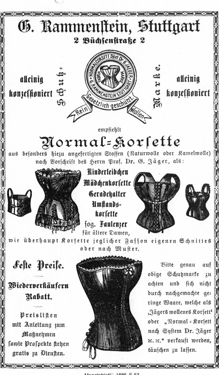 Annonce publicitaire pour un « corset normal » de l’entreprise Rammenstein à Stuttgart, fait soit de laine naturelle ou de laine chameau selon les prescriptions de Gustav Jäger et prévu pour les enfants, les femmes enceintes et les femmes âgées et nommé « feignant ». 