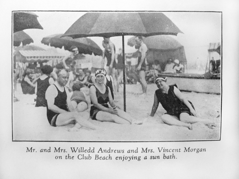 In this photograph published in 1925 in a Los Angeles private beach club’s newsletter, wealthy club members are relaxing in their swimsuits. 1920s bathing suits clung more tightly to the body and revealed the bathers’ shoulders and thighs. 