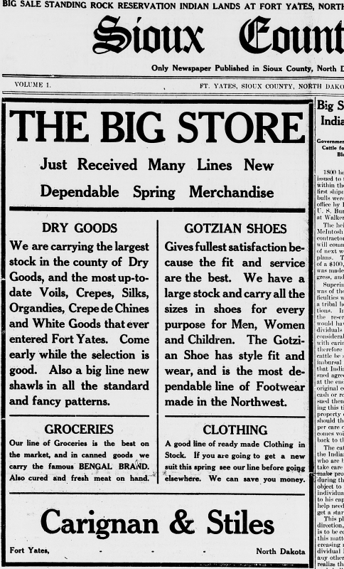 Advertisement for “The Big Store” (Fort Yates). 