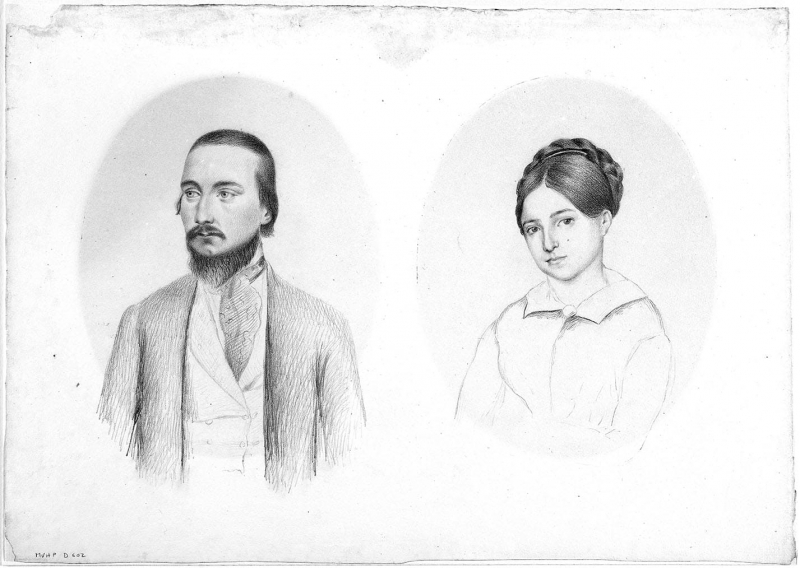 Charles Vacquerie et sa femme (Léopoldine Hugo) en 1843, par Adèle Hugo, dessin à la mine graphite, 1843