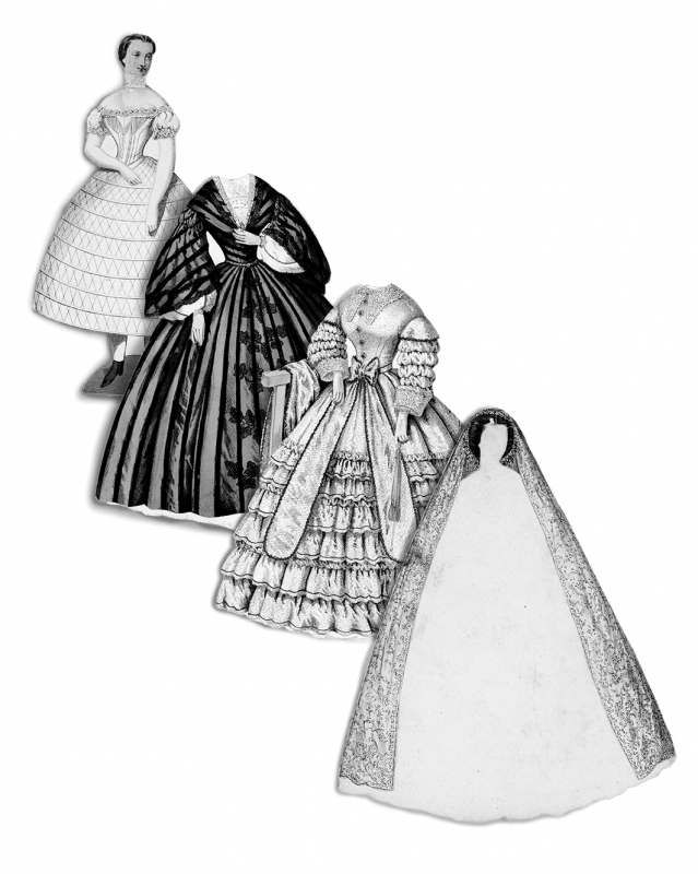 Jeu de mode pour jeune fille avec robe de soirée, robe d'intérieur et robe de mariée