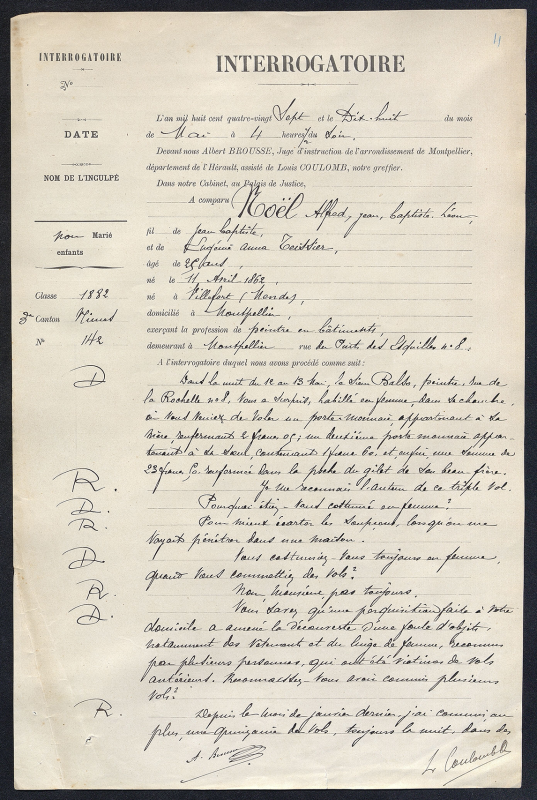 Archive 1 : Interrogatoire d’Alfred Noël, première page, 18 mai 1887.