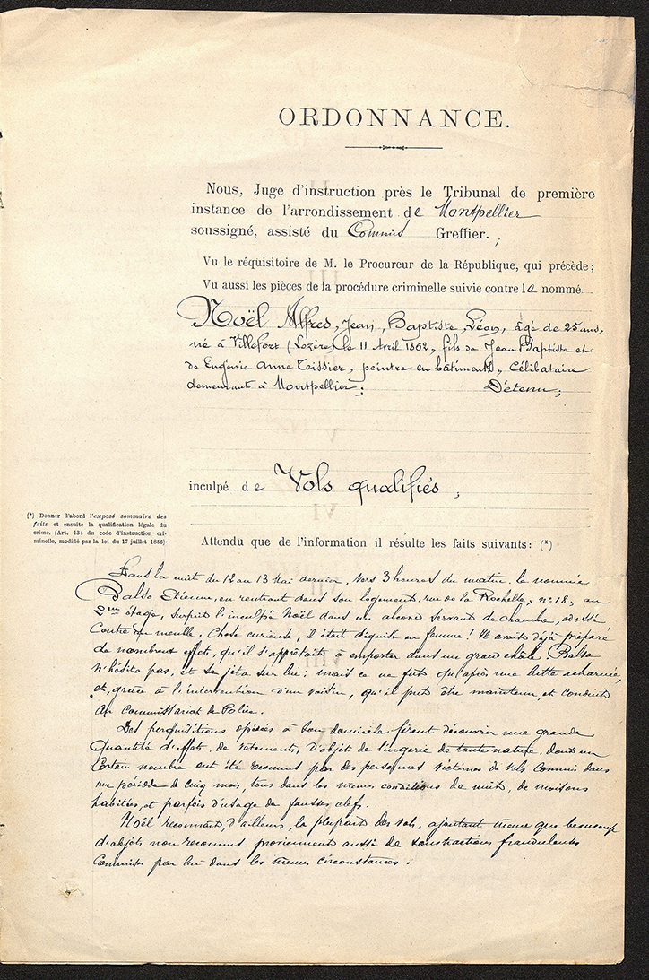 Archive 2 : Ordonnance d’inculpation pour vols d’Alfred Noël, p. 1, 4 juillet 1887.