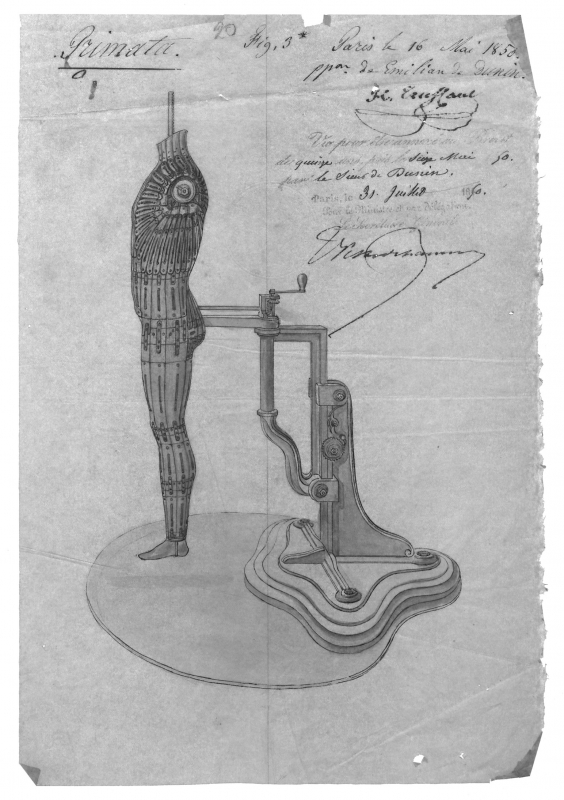 Mannequin modulable. De Dunin, « Procédés mécaniques propres à prendre et à conserver la mesure des vêtements d'hommes et de femmes », 1850. 